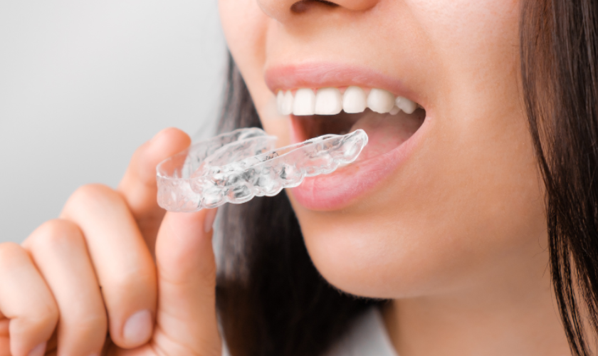 Patient holding clear Invisalign aligners in St. Charles, IL